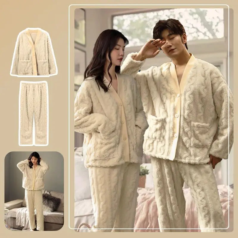 Thickened Long Flannel Pajamas Couples Sleepwear V-neck Embroidered Solid Coral Fleece Home Clothes Set for Autumn And Winter