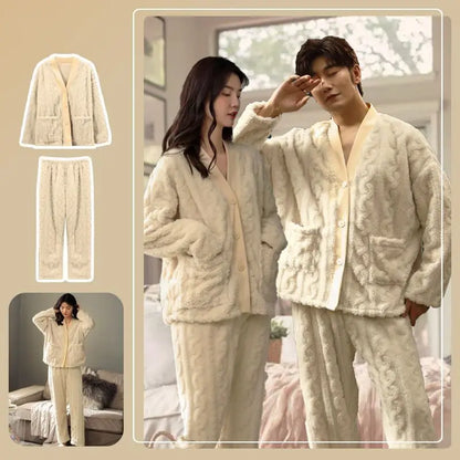 Thickened Long Flannel Pajamas Couples Sleepwear V-neck Embroidered Solid Coral Fleece Home Clothes Set for Autumn And Winter