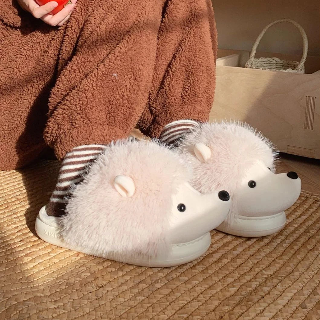Cute Creative Fun Hedgehog Design Women Winter New Slippers Casual Soft Heel Platform Fur Warm Indoor Comfortable Home Slippers