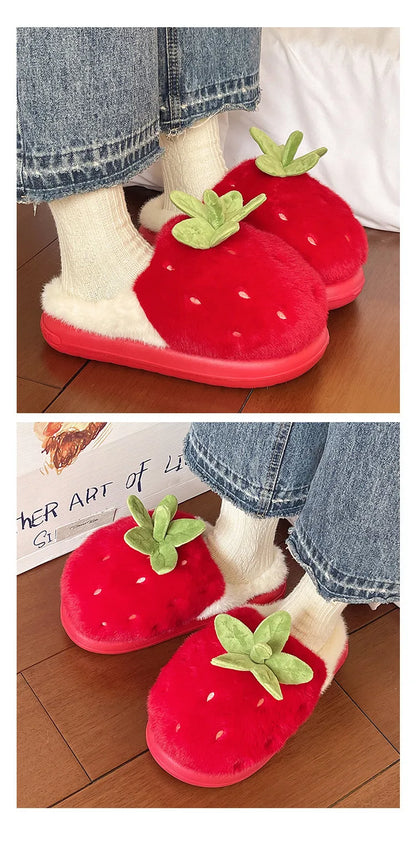 Cute Strawberry Fluffy Slippers Women's Indoor Home Warm Thick Bottom Anti-slip Outdoor Wearable Slip-On Indoor Slippers