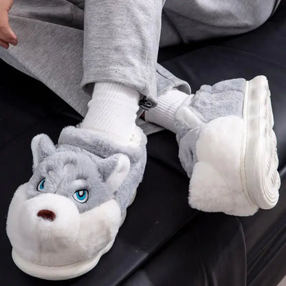 Women Indoor Cotton Slippers Cute Cartoon Dog Winter Warm Shoes Couples Home Floor Slides Anti-slip  Female Male House Footwear