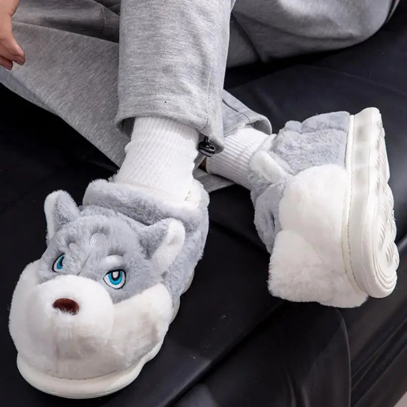 Women Indoor Cotton Slippers Cute Cartoon Dog Winter Warm Shoes Couples Home Floor Slides Anti-slip  Female Male House Footwear