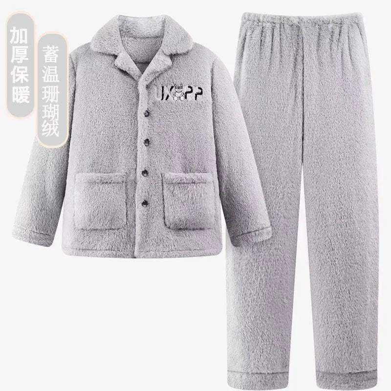 2025 Autumn Winter Coral Fleece Thickened Flannel Sleepwear Home Clothes Set for Men Breathable Long Sleeve Long Pants Pajamas