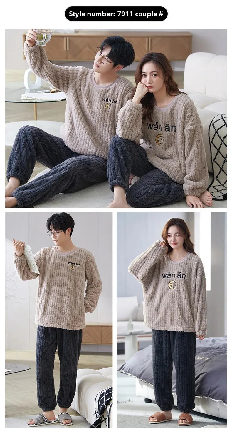 Thickened Coral Fleece Long Sleeve Sleepwear for Couples Spring Autumn Winter Flannel Warm Home Clothes Men Women Winter Home Py