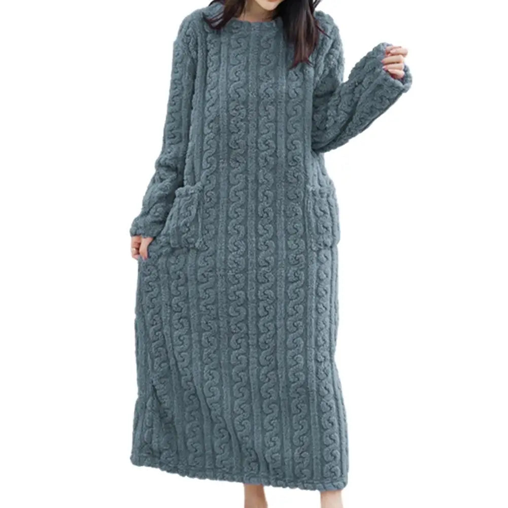 Winter Long Sleeve Flannel Nightgowns Women Loose Double Pocket Solid Sleepwear Jacquard Night Dress Thickened Warm Nightdress