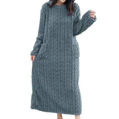 Winter Long Sleeve Flannel Nightgowns Women Loose Double Pocket Solid Sleepwear Jacquard Night Dress Thickened Warm Nightdress