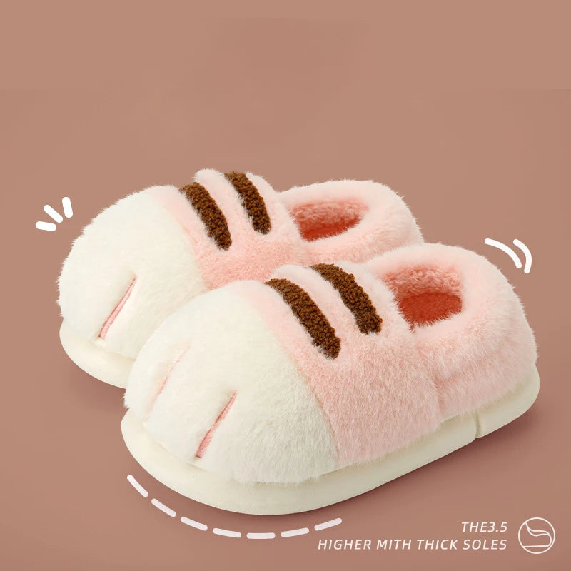 Winter Couple Cat Paw Slippers, Plush Fleece Lined Thick Thermal Home Shoes, Non-Slip Indoor/Outdoor Unisex Anti-Cold House Slid