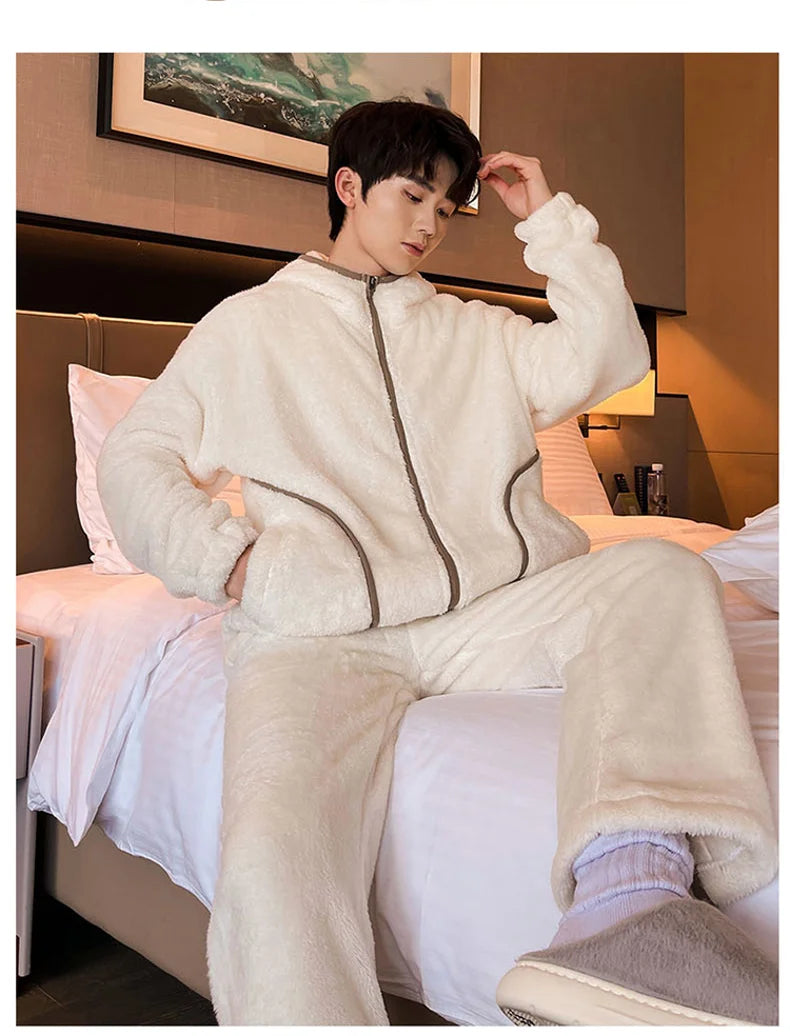 6XL 7XL 8XL Winter Men's Hooded Homewear Heavy Plus Velvet Zipper Cardigan Plus Size Pajamas Pants Keep Warm White Black Suit