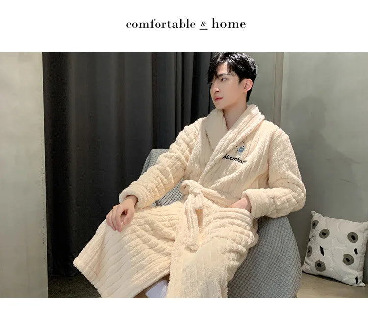 Turn-down V-neck Robes for Men 2025 New Winter Warm Flannel Robes Solid Soft Thick Fleece Sleepwear Male Casual Loose Home Wear