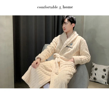 Turn-down V-neck Robes for Men 2025 New Winter Warm Flannel Robes Solid Soft Thick Fleece Sleepwear Male Casual Loose Home Wear