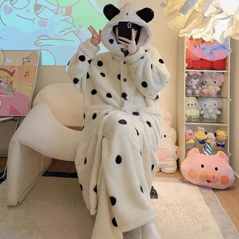 Korean Style Long Hooded Coral Fleece Sleepwear Women's Thickened Autumn Winter New Arrival Comfortable Home Leisure Robe