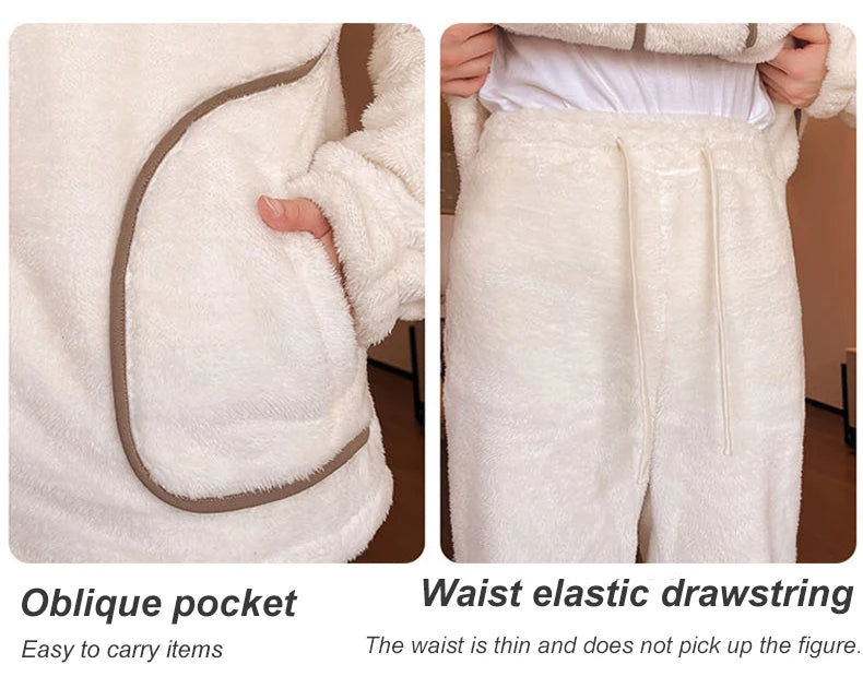 6XL 7XL 8XL Winter Men's Hooded Homewear Heavy Plus Velvet Zipper Cardigan Plus Size Pajamas Pants Keep Warm White Black Suit