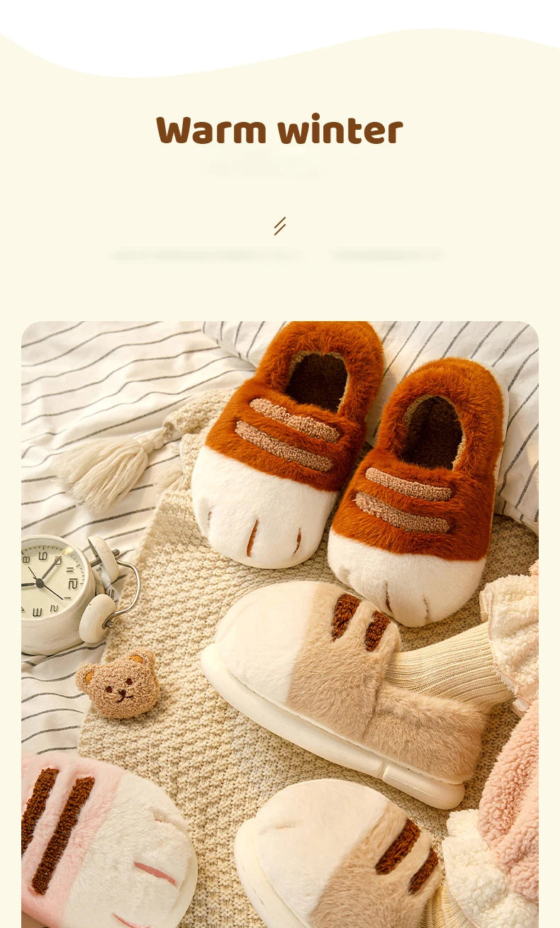 Winter Couple Cat Paw Slippers, Plush Fleece Lined Thick Thermal Home Shoes, Non-Slip Indoor/Outdoor Unisex Anti-Cold House Slid