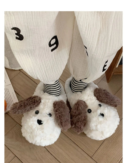 Short Fur Slippers for Women Winter Warm Furry Cozy Cotton Shoes for Home Indoor Cute Dog Couples Antiskid Slippers