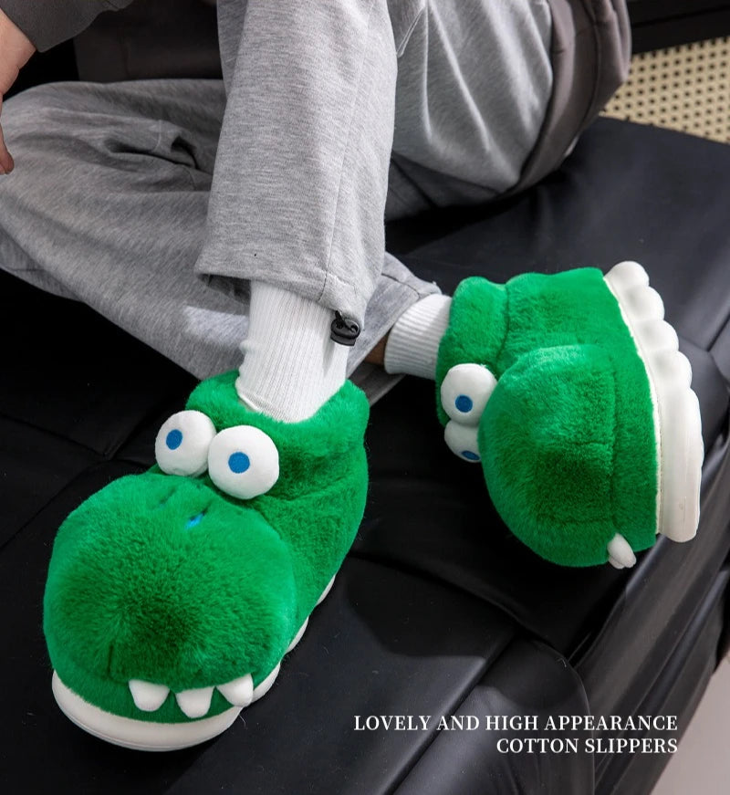 Winter Warm Shoes Woman Men Indoor Fluffy Slippers Cute Cartoon Crocodile Thick Sole Soft Plush Couples Home Floor Snow Boots