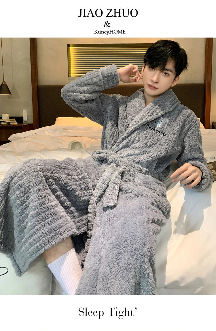 Turn-down V-neck Robes for Men 2025 New Winter Warm Flannel Robes Solid Soft Thick Fleece Sleepwear Male Casual Loose Home Wear