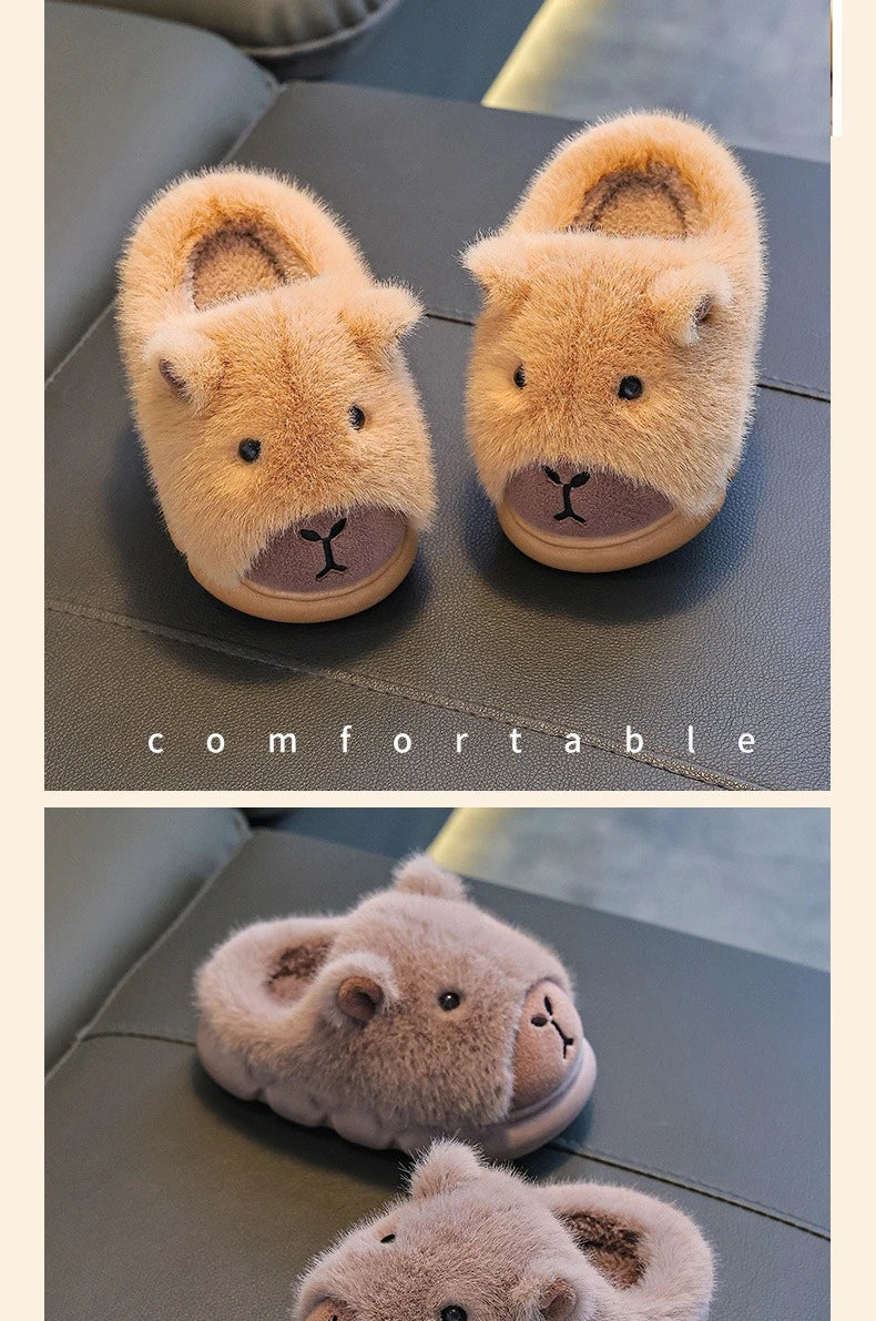 Cute Capybara Cotton Slippers for Children Winter 2025 New Warm Fluffy Home Shoes for Anti Slip Plush Slippers for Children