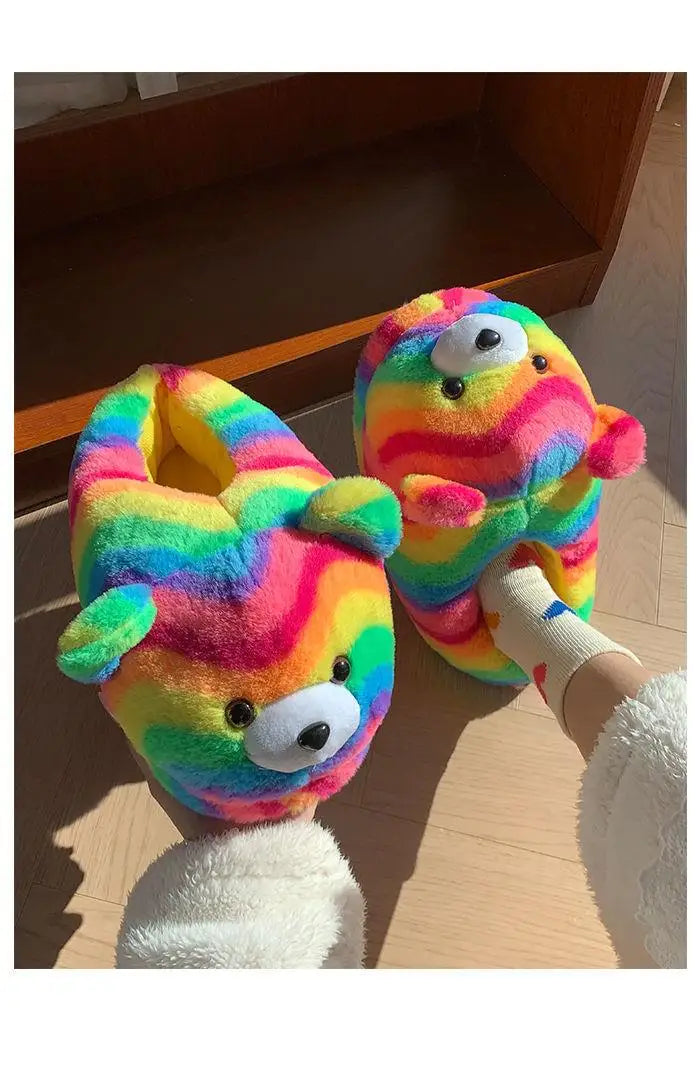 2025 Women's Home Slippers Sweet Fluffy Rainbow Bear Lady slippers indoor Anti slip lightweight keep warm Winter House Shoes 44