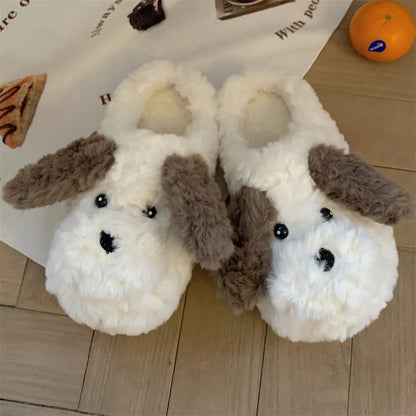 Short Fur Slippers for Women Winter Warm Furry Cozy Cotton Shoes for Home Indoor Cute Dog Couples Antiskid Slippers