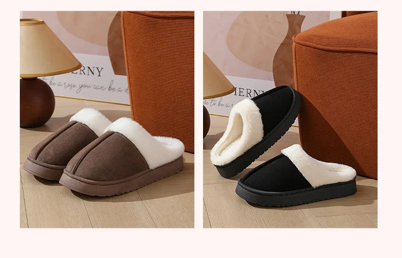 Women's plush slippers winter outdoor, thick sole non-slip fur flip flops with fur collar, warm unisex house shoes for home use