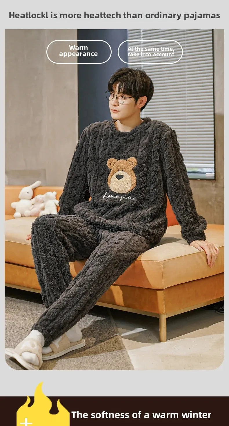 Thickened Coral Fleece Long Sleeve Sleepwear for Couples Spring Autumn Winter Flannel Warm Home Clothes Men Women Winter Home Py