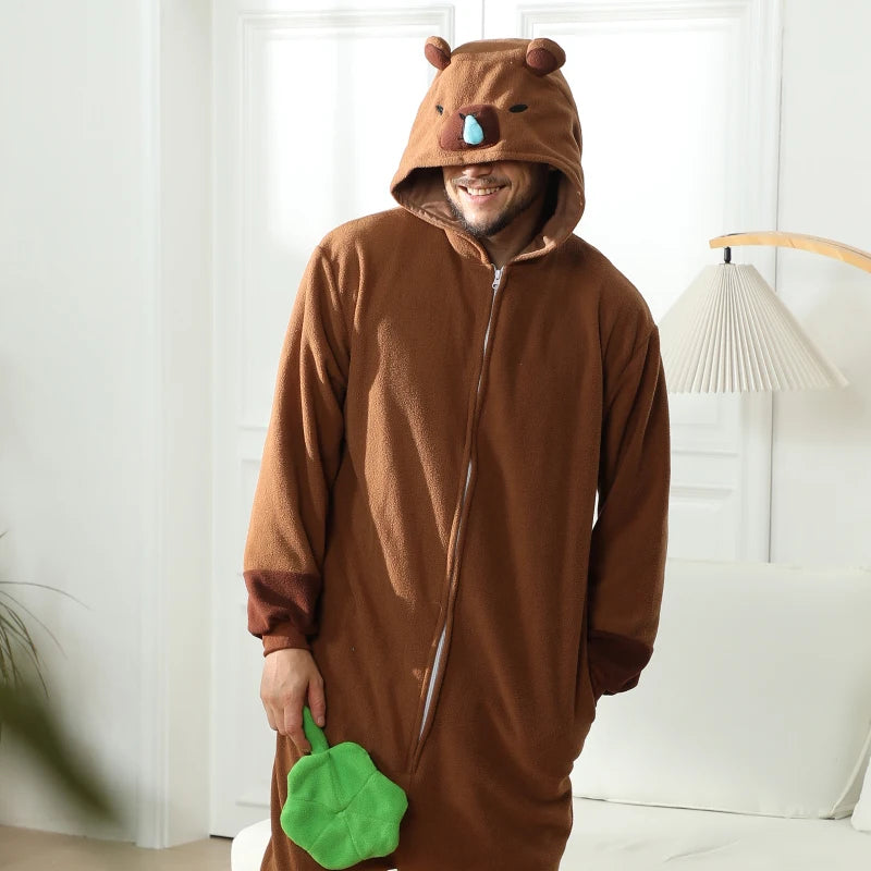 Zipper Capybara animal cosplay game costume kigurumi men one piece black pajama halloween christmas party hooded cartoon pajamas