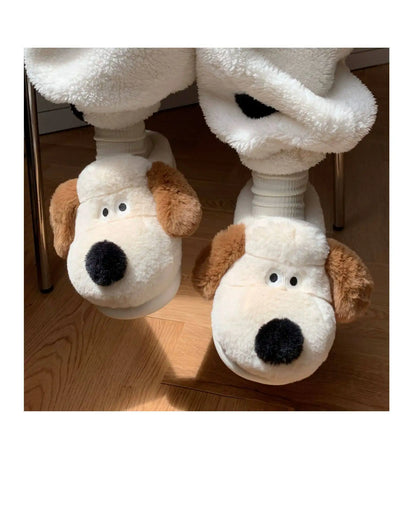 Women Home Soft Sole Cotton Slippers Cartoon Cute Dog Fluffy Slippers Female Winter Slides Ladies Plush Indoor Flats Flip Flops