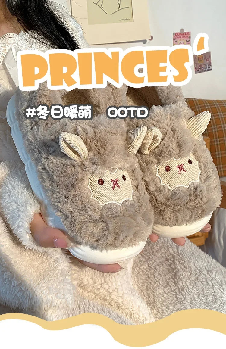 Winter Cartoon Plush Slippers Warm Fluffy Faux Fur Sheep Design Indoor Home Couple Cotton Slippers for Men And Women