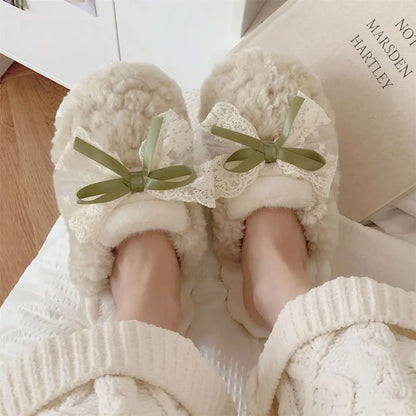 Winter Warm Fur Slippers for Women Cute Bow House Non Slip Soft Shoes Comfort Flat Heel Home Indoor Bedroom Plush Cotton Slides