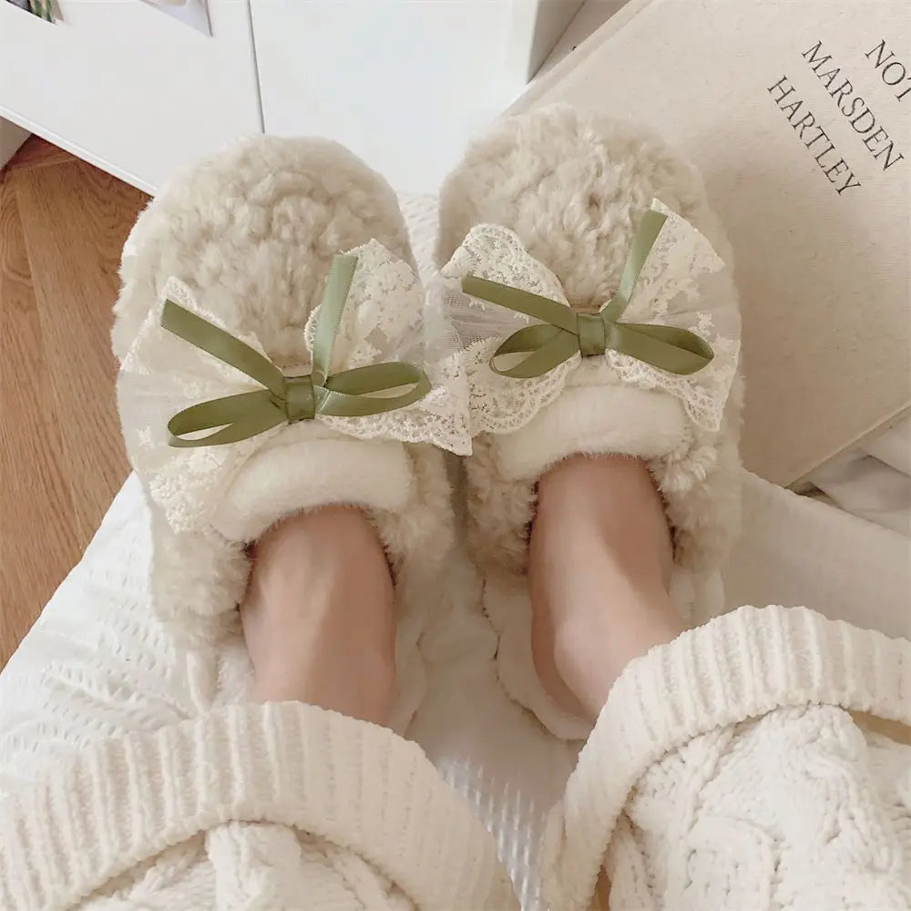 Winter Warm Fur Slippers for Women Cute Bow House Non Slip Soft Shoes Comfort Flat Heel Home Indoor Bedroom Plush Cotton Slides