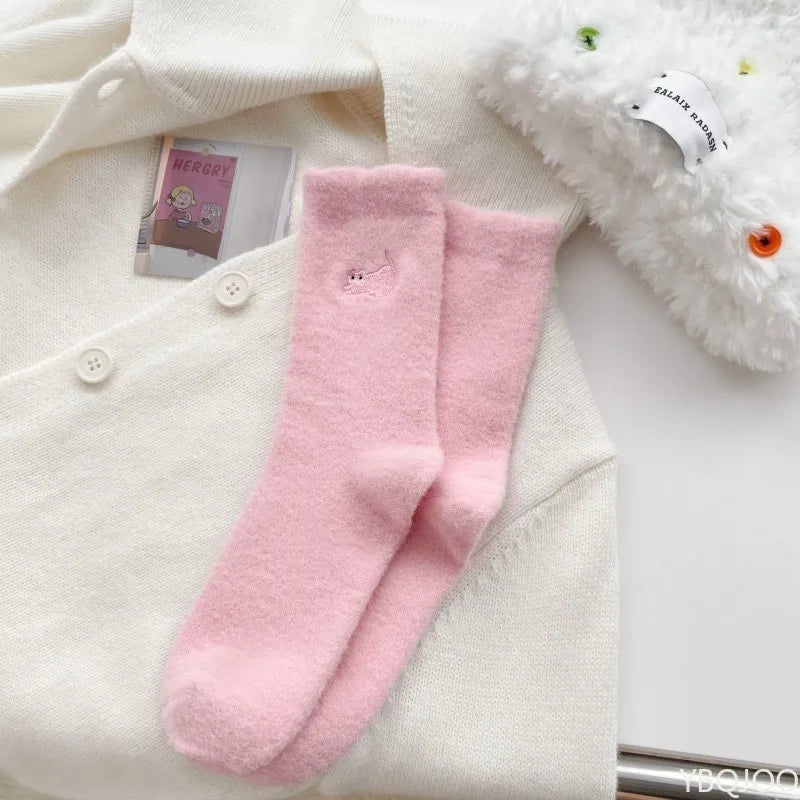 3 pairs of thick socks for women in autumn winter thick plush warm mid tube socks cartoon cute cat comfortable socks