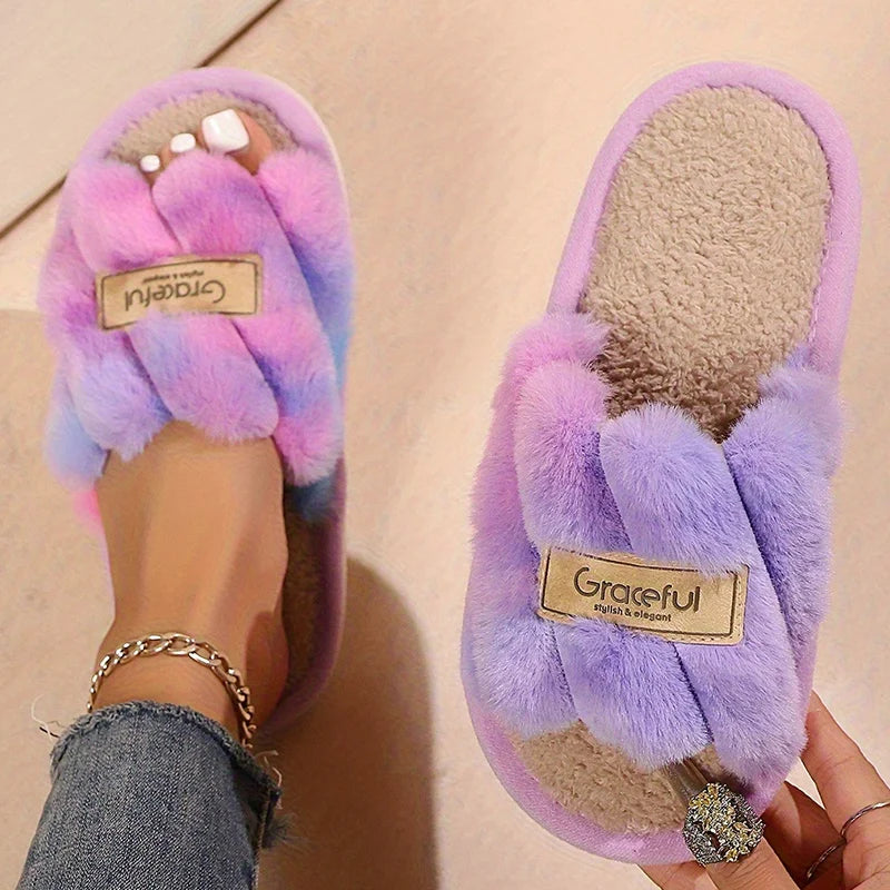 Women's Plush Fuzzy Slippers Home Fur Open-Toe Slides Autumn Winter Indoor Silent Comfort EVA Soft-Soled Bedroom Warm Flip Flops