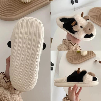 Gacimy Winter Plush Slippers For Women Cute Milk Cow Fluffy Cotton Shoes Girls Fashion Cartoon Indoor Warm Comfortable Slippers