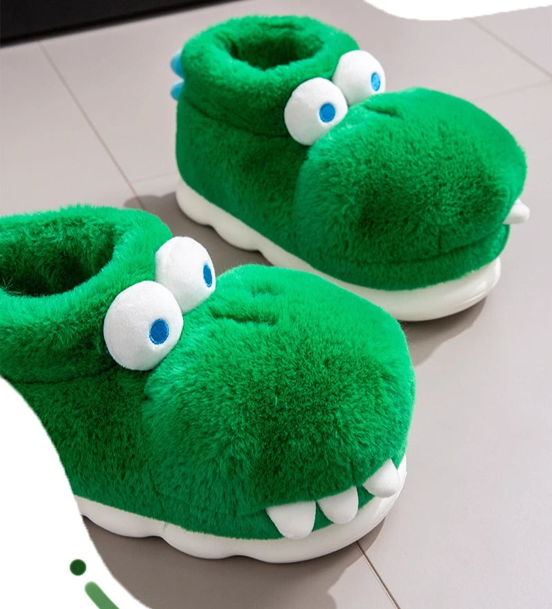 Winter Warm Shoes Woman Men Indoor Fluffy Slippers Cute Cartoon Crocodile Thick Sole Soft Plush Couples Home Floor Snow Boots
