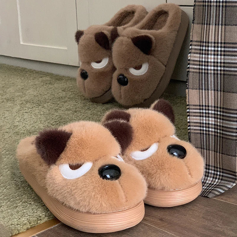 Women's Cute Cartoon Dog House Slippers Warm Thick Sole Non Slip Cotton Shoes Woman Autumn Winter Fluffy Comfort Plush Slippers