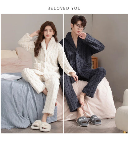 Thickened Coral Fleece Flannel Pajamas Set for Men And Women Home Clothes Comfortable Long Sleeve Sleepwear Winter Autumn