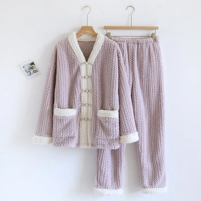 2025 Autumn/Winter New Women's Pajama Set Flannel Thickened Warm Cute Long Sleeve Pants Two Piece Coral Fleece Home Fur Women