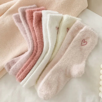 Thickened Middle Tube Socks Mink Fur Pink Embroidered Heart-shaped Women Autumn Winter Warm Sleep Home Solid Color Plush Sock