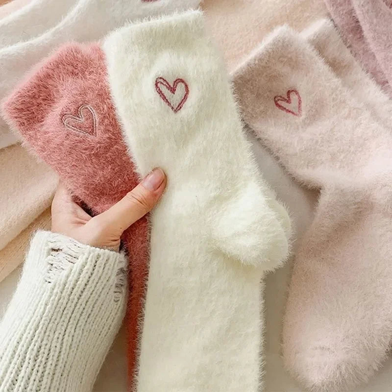 Thickened Middle Tube Socks Mink Fur Pink Embroidered Heart-shaped Women Autumn Winter Warm Sleep Home Solid Color Plush Sock