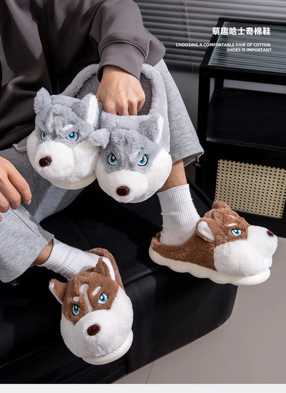 Women Indoor Cotton Slippers Cute Cartoon Dog Winter Warm Shoes Couples Home Floor Slides Anti-slip  Female Male House Footwear