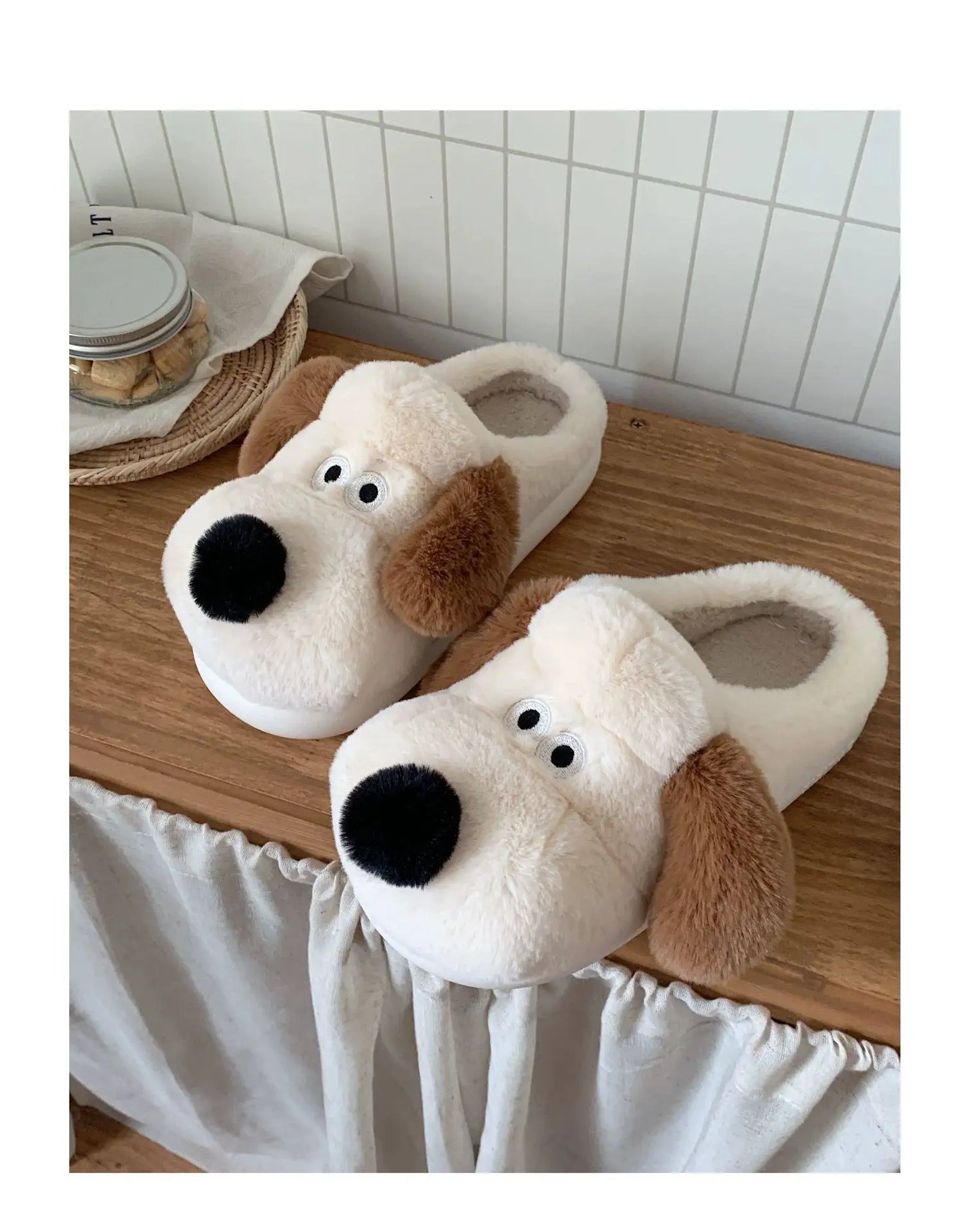 Women Home Soft Sole Cotton Slippers Cartoon Cute Dog Fluffy Slippers Female Winter Slides Ladies Plush Indoor Flats Flip Flops