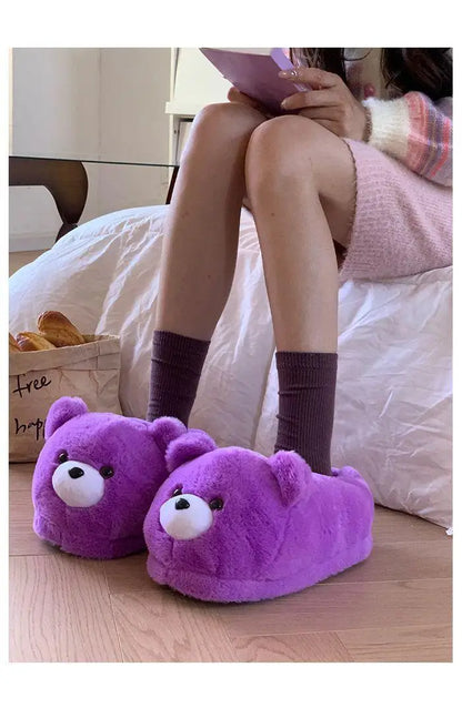 2025 Women's Home Slippers Sweet Fluffy Rainbow Bear Lady slippers indoor Anti slip lightweight keep warm Winter House Shoes 44