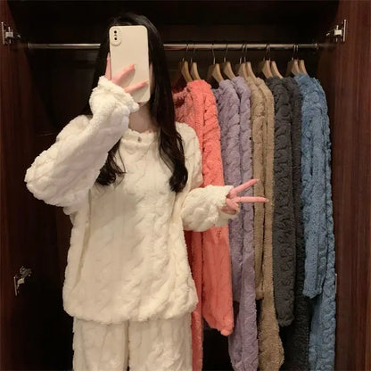 Autumn Winter Sweet Coral Fleece Pajamas Women Fleece-lined Thickened 2025 New Zip-up Flannel Warm Home Wear Set