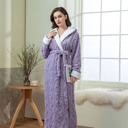 Thick Women Warm Bathrobe Solid Hooded Warm Ladies Dressing Gown Long Sleeve Flannel Bath Robe For Female