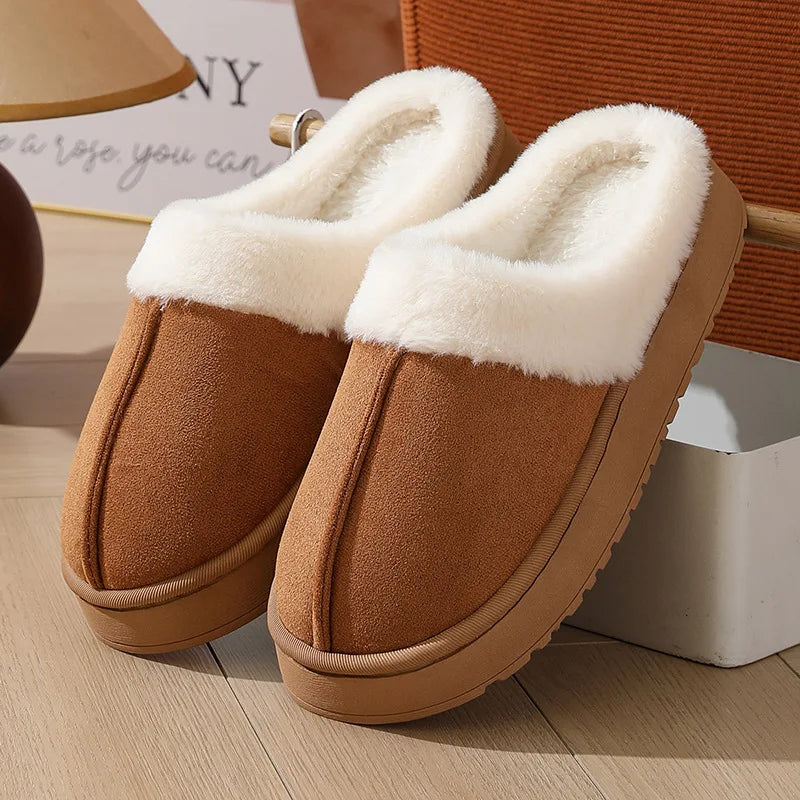Women's plush slippers winter outdoor, thick sole non-slip fur flip flops with fur collar, warm unisex house shoes for home use