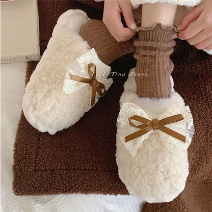 Winter Warm Fur Slippers for Women Cute Bow House Non Slip Soft Shoes Comfort Flat Heel Home Indoor Bedroom Plush Cotton Slides