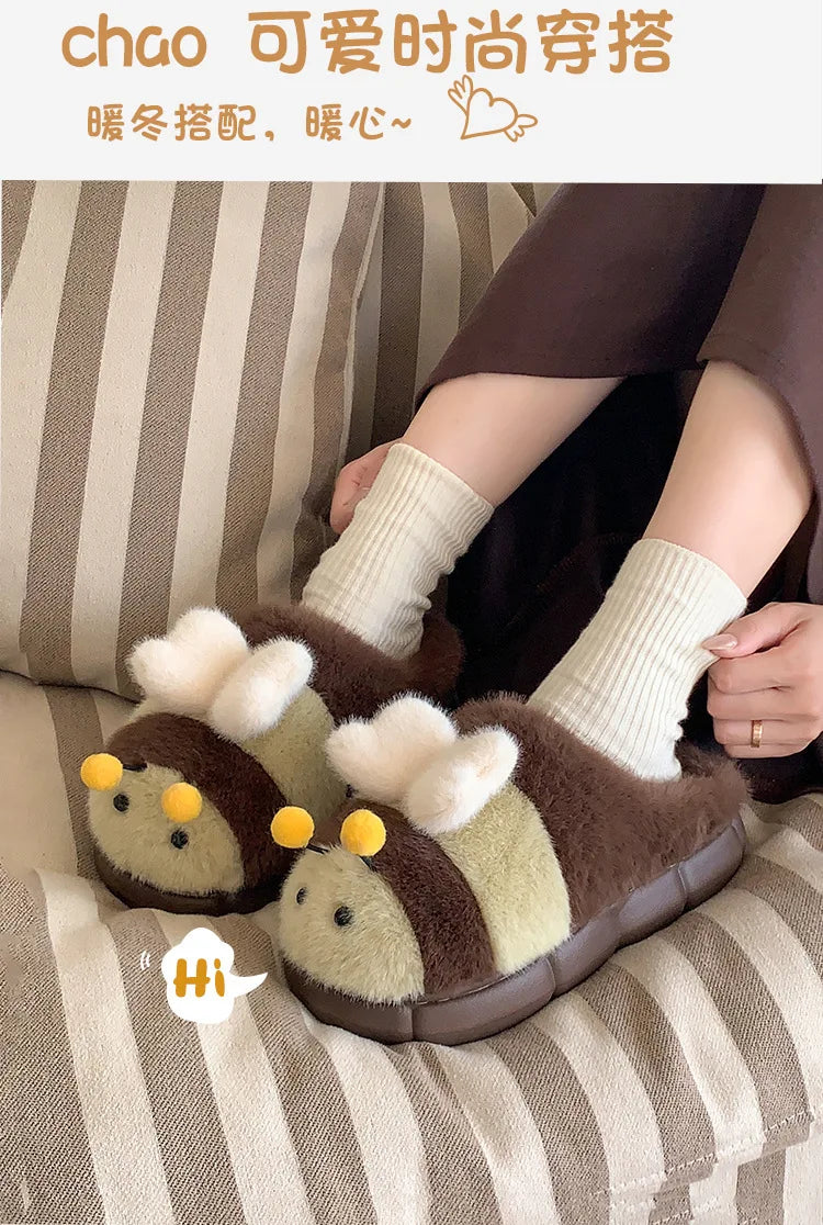 Cute Bee Winter Home Plush Slippers Women's Cotton Slippers Low Heel Soft Bottom Home Shoes Anti-slip Furry Comfortable Footwear
