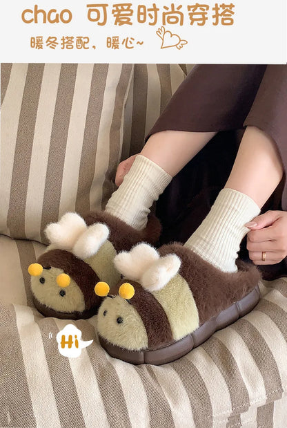 Cute Bee Winter Home Plush Slippers Women's Cotton Slippers Low Heel Soft Bottom Home Shoes Anti-slip Furry Comfortable Footwear