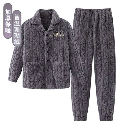 2025 Autumn Winter Coral Fleece Thickened Flannel Sleepwear Home Clothes Set for Men Breathable Long Sleeve Long Pants Pajamas