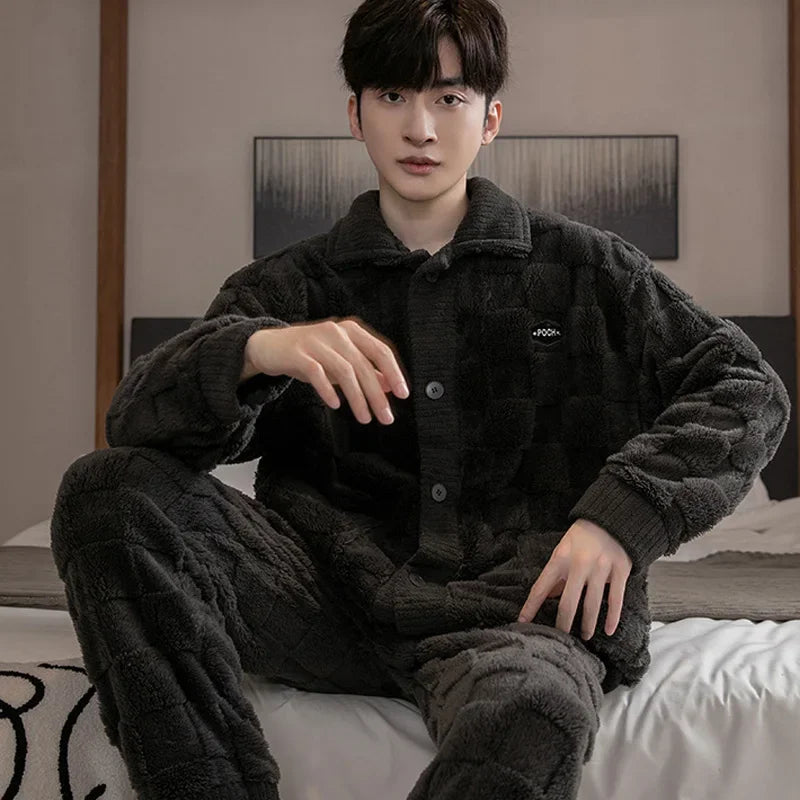 2Pcs/set men's pajamas autumn and winter padded and thickened warm long-sleeved trousers coral fleece homewear men's clothing
